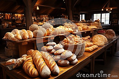 Variety of whole grain bread and buns, bakery with fresh baked pastry assortment Stock Photo
