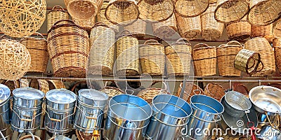 Variety of wicker baskets and galvanized bins Stock Photo