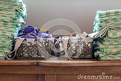 A variety of yoga props. varicolored yoga props blocks, strap Stock Photo