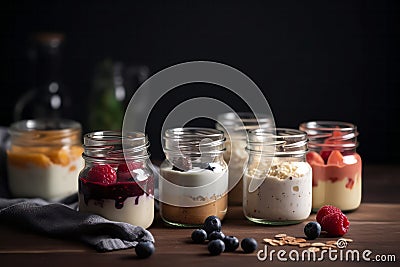 Variety of yogurts in portion glass jars. Healthy summer breakfast concept AI generated Stock Photo