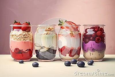 Variety of yogurts in portion glass jars. Healthy summer breakfast concept AI generated Stock Photo