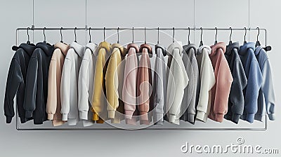 a variety of youth cashmere sweaters, hoodies, and sweatshirts arranged neatly on a clothes rack, suitable for mock-up Stock Photo