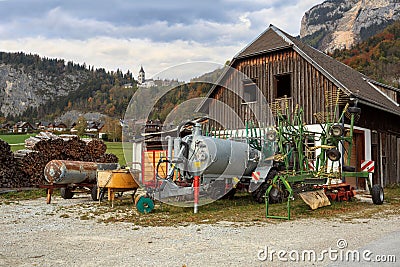 Various agricultural machinery. Village Unterburg, Styria, Austria Editorial Stock Photo