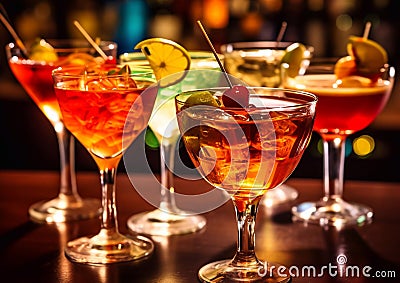 Various alcoholic cocktails on bar counter in night club.Macro.AI Generative Stock Photo