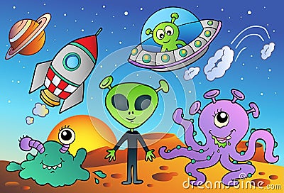 Various alien and space cartoons Vector Illustration