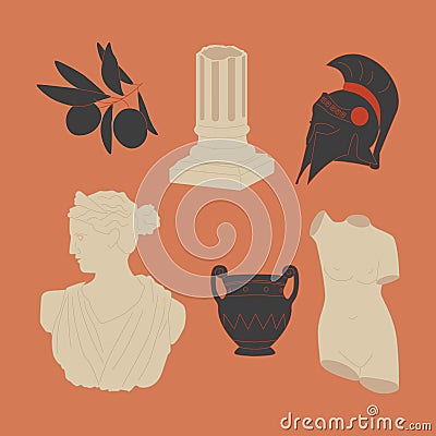 Various antique statues. Woman's head, torso, gladiator's helmet, antique vase. Vector Illustration