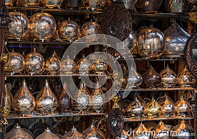 Various arabic antique objects displayed in an old shop in the bazaar Stock Photo