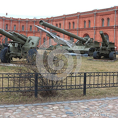 Various artillery systems on the territory of museum in cloudy weather Stock Photo