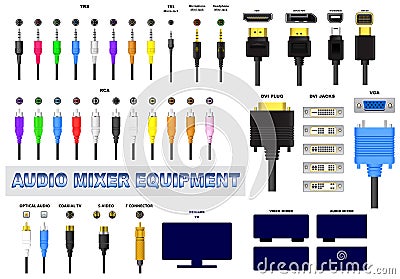 Various audio jack plug for sound system or usb universal audio mixer connector Vector Illustration