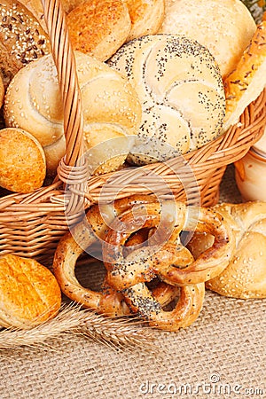 Various baked products in wicker basket Stock Photo