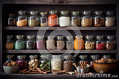 various baking ingredients in glass jars on a shelf Stock Photo