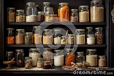 various baking ingredients in glass jars on a shelf Stock Photo