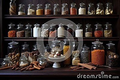 various baking ingredients in glass jars on a shelf Stock Photo