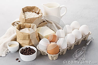 Various baking ingredients for sweet pastry. Dough recipe Stock Photo