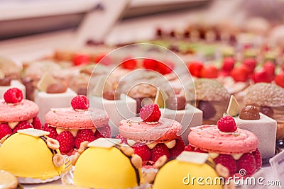 Various beautiful delicious pastries on a showcase Stock Photo