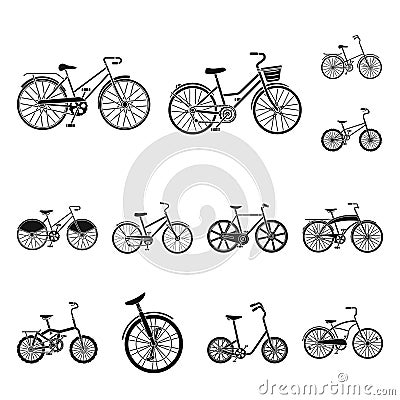 Various bicycles black icons in set collection for design. The type of transport vector symbol stock web illustration. Vector Illustration