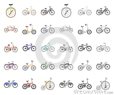 Various bicycles cartoon,mono icons in set collection for design. The type of transport vector symbol stock web Vector Illustration