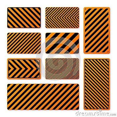 Various black and orange warning signs with diagonal lines. Attention, danger or caution sign, construction site signage Vector Illustration