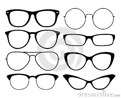 Various black silhouete glasses. Eyeglasses frames set. Vector Illustration