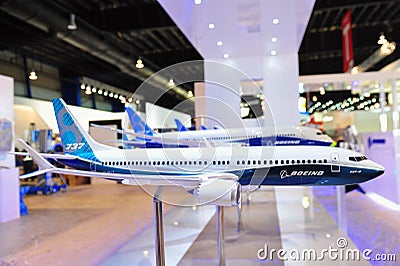 Various Boeing aircraft models on display, including 737-8 Max, 787 dreamliner, at Singapore Airshow Editorial Stock Photo