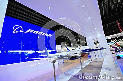 Various Boeing aircraft models on display, including 737-8 Max, 787 dreamliner, at Singapore Airshow Editorial Stock Photo