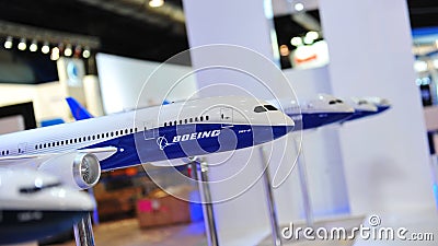 Various Boeing aircraft models, including 787 Dreamliner, on display at Singapore Airshow Editorial Stock Photo