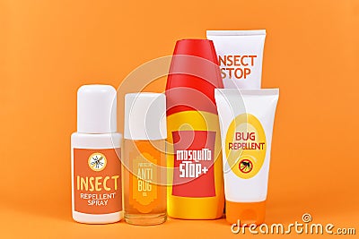 Various bottles and tubes with insect repellent products with made up labels Stock Photo