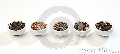 Various bowls of premium tea leaves blends Stock Photo