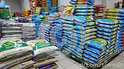 Various of brands of rice sold in store in Johor Bahru, Malaysia Editorial Stock Photo