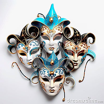 Various bright carnival masks. Concept of acting and entertaiment. Ai art. Stock Photo