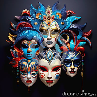 Various bright carnival masks. Concept of acting and entertaiment. Ai art. Stock Photo