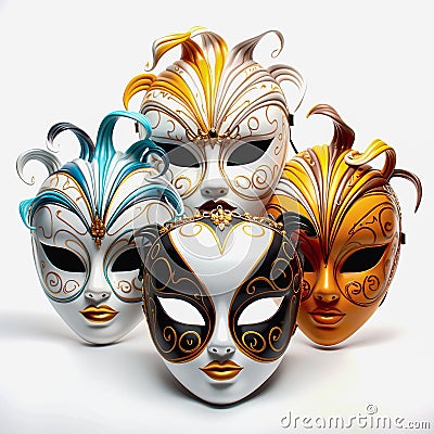 Various bright carnival masks. Concept of acting and entertaiment. Ai art. Stock Photo