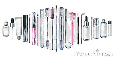 Various brushes, combs, applicators, a mirror, a cotton swab, bottles for makeup, lamination and eyelash extensions Cartoon Illustration