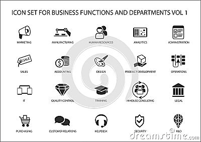 Various business functions and business department icons like sales, marketing, HR, R&D, purchasing, accounting Vector Illustration