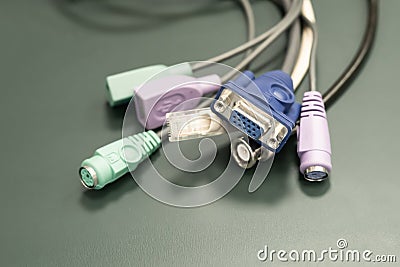 Various cables for computer peripherals to provide audio and video Stock Photo