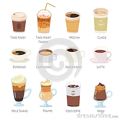 Various caffeine drinks, beverages for cafe menu Vector Illustration