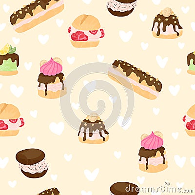 Various cake, eclair and profiterole vector seamless pattern in flat cartoons style. Cute colorful dessert with chocolate, berry Vector Illustration