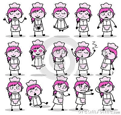 Various Cartoon Waitress Poses Collection - Set of Concepts Vector illustrations Vector Illustration