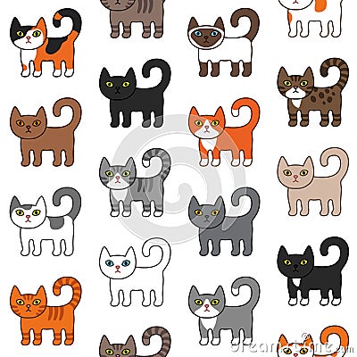 Various cats seamless pattern. Cute and funny cartoon kitty cat vector illustration different cat breeds. Pet kittens of different Vector Illustration
