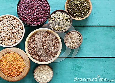 Various cereals beans, lentils, rice, kinoa Stock Photo