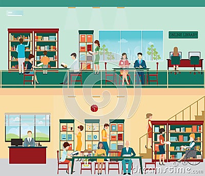 Various character of people in Bookstore. Vector Illustration