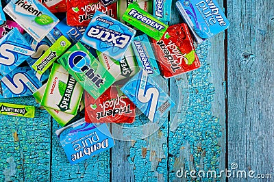 Various chewing gums brands Orbit, Extra, Eclipse, Freedent, Wrigley, Spearmint, Tident, Stride lot of chewing gum packages Editorial Stock Photo