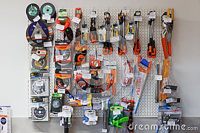 Various choice of hardware tools, home and garden products, DIY and building materials Editorial Stock Photo