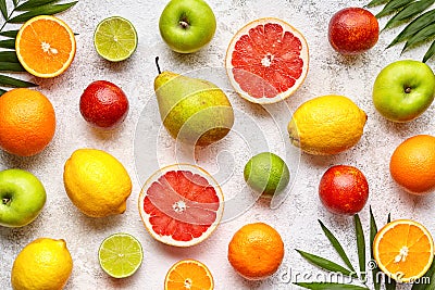 Various citrus fruits background mix flat lay, healthy vegetarian organic food Stock Photo