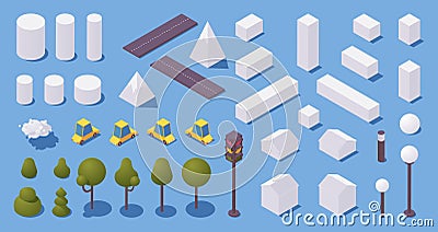 Various city elements isometric with shadows. Trees, concept houses, cars, road element and lighting. 3d collection good for Stock Photo