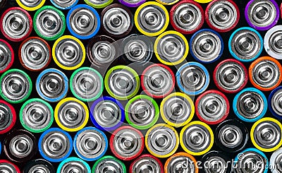 Various Close up background of various alkaline batteries Stock Photo