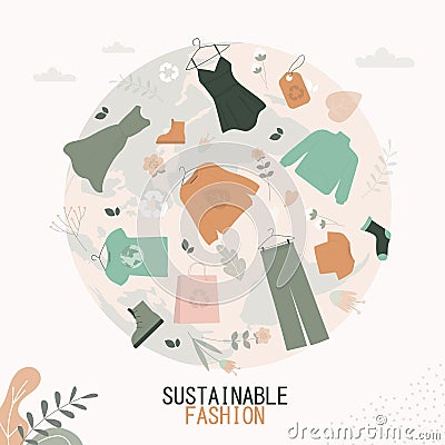 Various clothes made from recycled materials. Ethical textile, sustainable fashion. Give second life to things. Environmental Vector Illustration