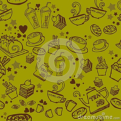 Various coffee,cake,cupcake, cookie , appetizer and beverage seamless pattern sketch drawing line by brown ink with matcha green t Stock Photo