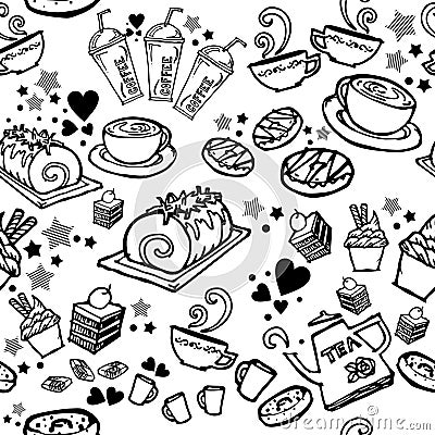 Various coffee,cake,cupcake,Sandwich,cookie , appetizer and beverage seamless pattern sketch drawing line by black pen Stock Photo