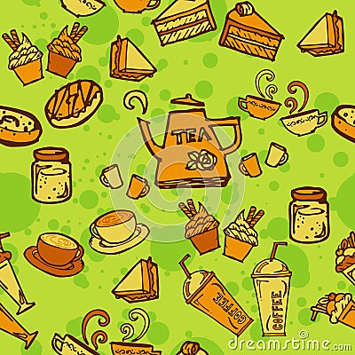 Various coffee,cake,cupcake,Sandwich,cookie , appetizer and beverage seamless pattern sketch drawing line orange tone Themes and Stock Photo